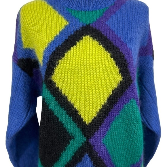 Mohair Blend Colorful Fuzzy Diamond Print Long Tunic Sweater 80s 90s - Picture 4 of 12
